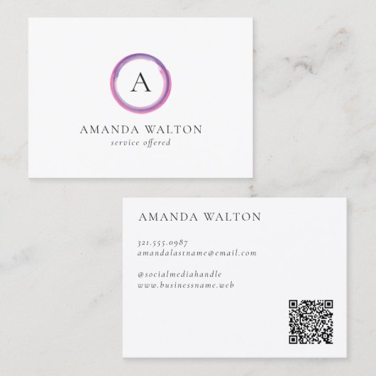 Roze en Paarse Monogram QR-code Modern Visitekaartje (Voorkant / Achterkant)