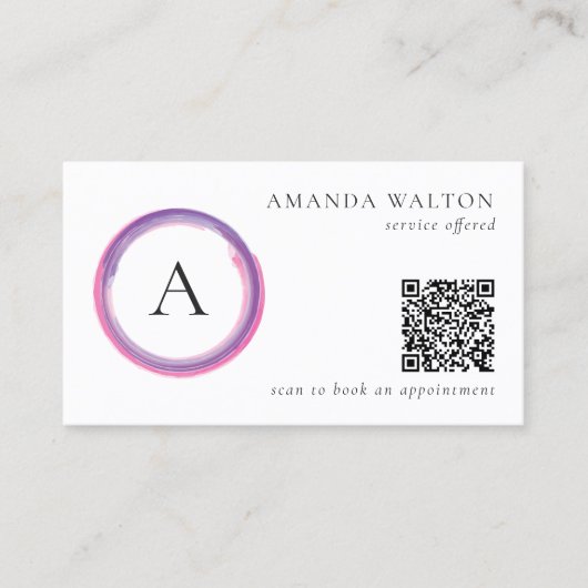 Roze en Paarse Monogram QR-code Modern Visitekaartje (Voorkant)