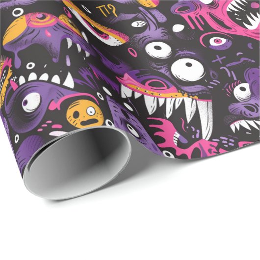 Roze en Paarse Monsters Halloween Cadeaupapier (Rol Hoek)