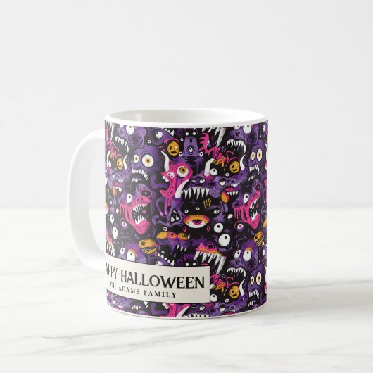 Roze en Paarse Monsters Halloween Koffiemok (Voorkant links)