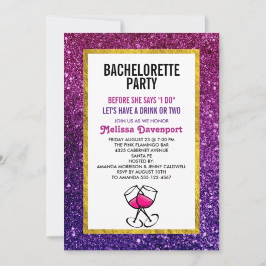 Roze en Paarse mousserende glitter Bachelorette Pa Kaart (Voorkant)