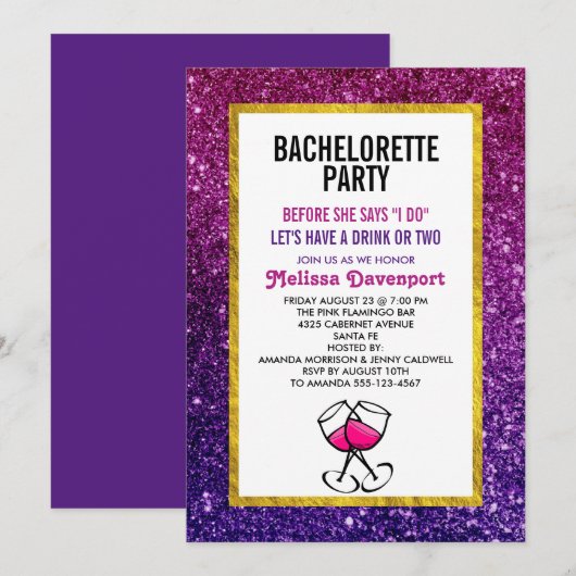 Roze en Paarse mousserende glitter Bachelorette Pa Kaart (Voorkant / Achterkant)