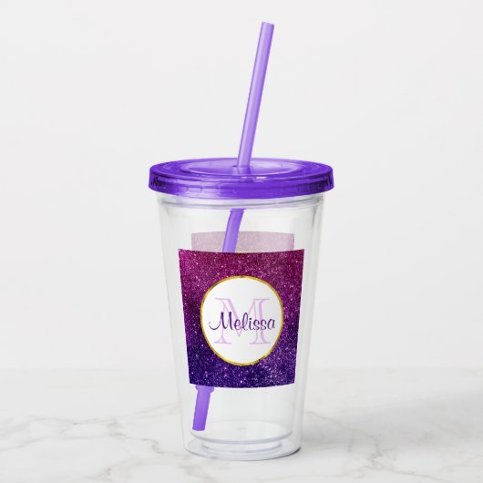 Roze en Paarse mousserende glitter Gemstenen Monog Acryl Drinkbeker (Achterkant)