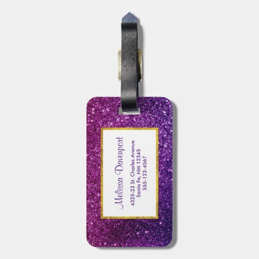 Roze en Paarse mousserende glitter Gemstenen Monog Bagagelabel (Achterkant verticaal)