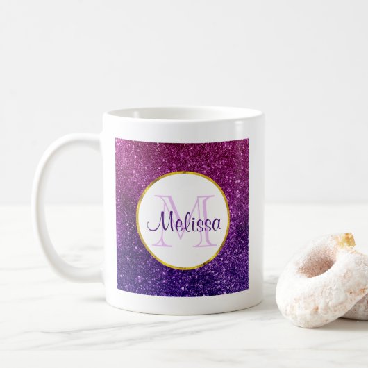 Roze en Paarse mousserende glitter Gemstenen Monog Koffiemok (Met donut)