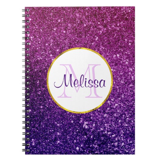 Roze en Paarse mousserende glitter Gemstenen Monog Notitieboek (Voorkant)