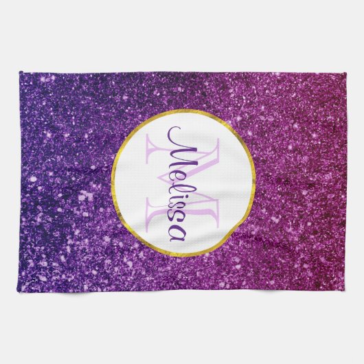 Roze en Paarse mousserende glitter Gemstenen Monog Theedoek (Horizontaal)