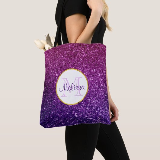 Roze en Paarse mousserende glitter Gemstenen Monog Tote Bag (Dichtbij)