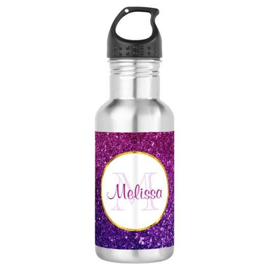 Roze en Paarse mousserende glitter Gemstenen Monog Waterfles (Voorkant)