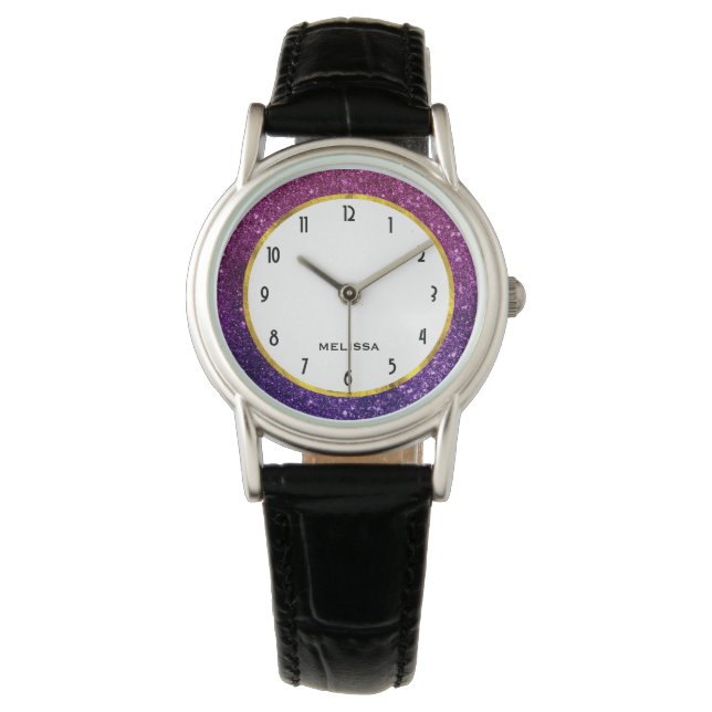 Roze en Paarse mousserende glitterstenen Horloge (Voorkant)