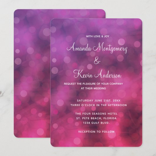 Roze en Paarse mousserende lichten Bokeh Wedding Kaart (Voorkant / Achterkant)