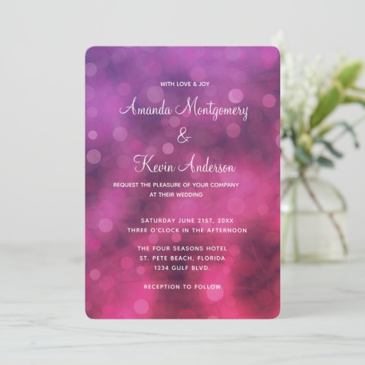 Roze en Paarse mousserende lichten Bokeh Wedding Kaart (Staand voorkant)