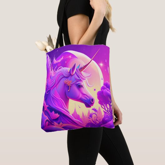 Roze en Paarse Nacht Eenhoorn Art Canvas tas (Dichtbij)