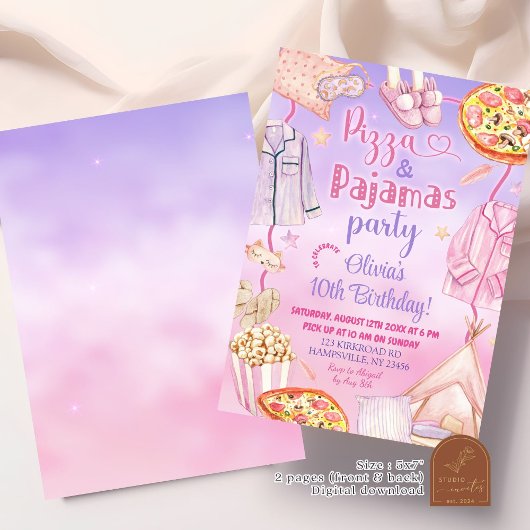 Roze en Paarse Neon Pizza en Pyjama Verjaardag Kaart