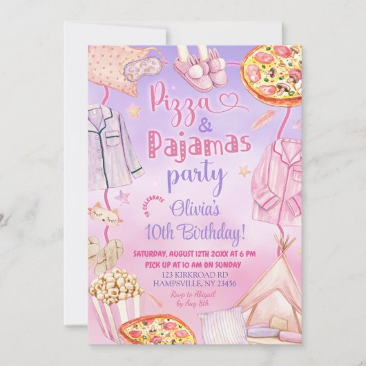 Roze en Paarse Neon Pizza en Pyjama Verjaardag Kaart (Voorkant)