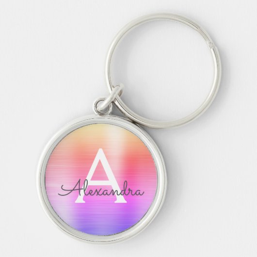 Roze en paarse nepsonstalen monogram sleutelhanger (Voorkant)