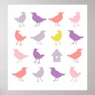 Roze en paarse pastel vogels met vogelhuis poster