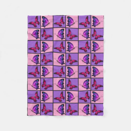 Roze en Paarse patchwork Butterflies Fleece Deken (Voorkant)