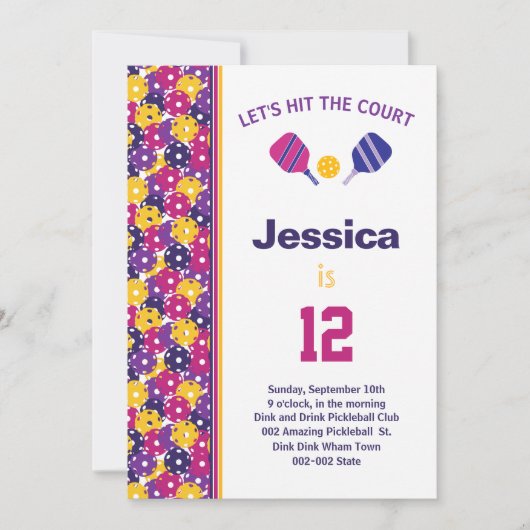 Roze en paarse Pickleball B-day party + RSVP Kaart (Voorkant)