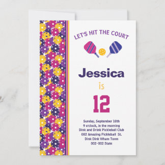 Roze en paarse Pickleball B-day party + RSVP Kaart