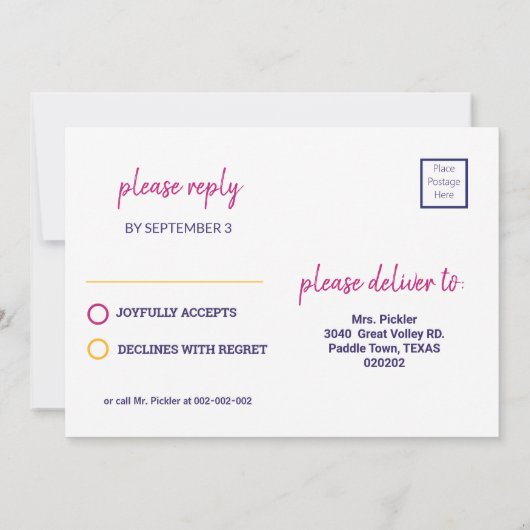 Roze en paarse Pickleball B-day party + RSVP Uitno Kaart (Achterkant)