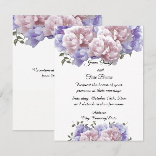 Roze en Paarse Pioen Huwelijksuitnodiging Kaart (Voorkant / Achterkant)