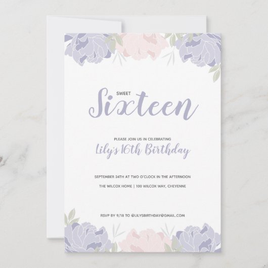 Roze en paarse pioen Verjaardagsfeestje Sweet 16 Kaart (Voorkant)