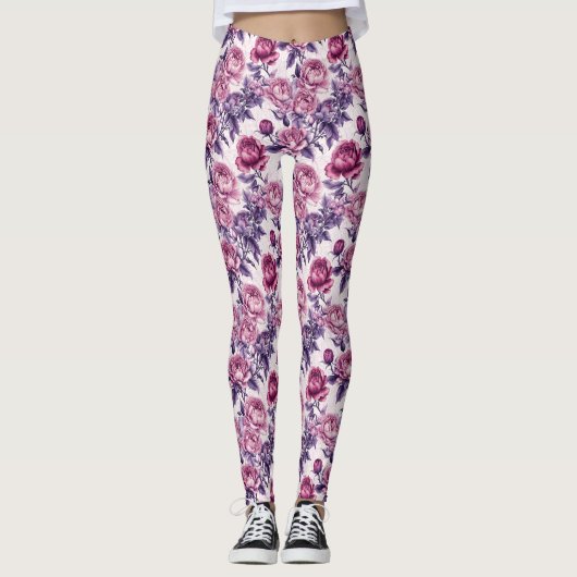 Roze en Paarse pioenen en Rozen Leggings (Voorkant)
