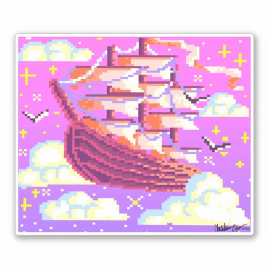 Roze en paarse Pixel vliegend schip Sticker (Voorkant)