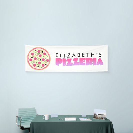 Roze en Paarse Pizzeria Verjaardagsfeestje Spandoek (Beurs)