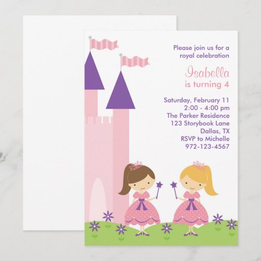 Roze en Paarse prinses Uitnodiging (Voorkant / Achterkant)