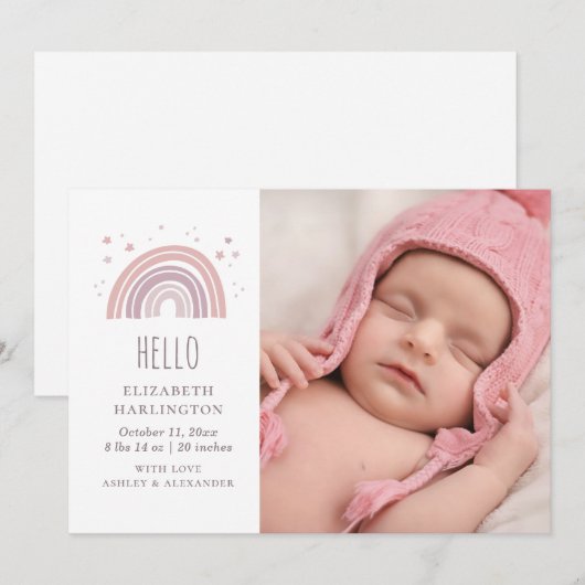 Roze en paarse regenboog nieuwe baby geboorte. Pas Aankondiging (Voorkant / Achterkant)