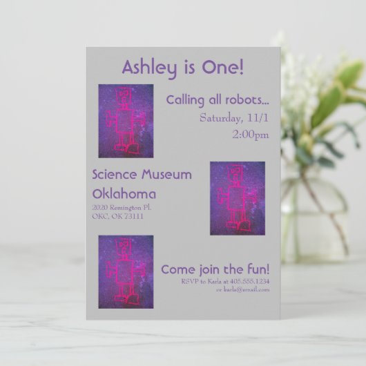 Roze en Paarse Robot Science Party Invitation Kaart (Staand voorkant)