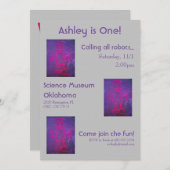 Roze en Paarse Robot Science Party Invitation Kaart (Voorkant / Achterkant)