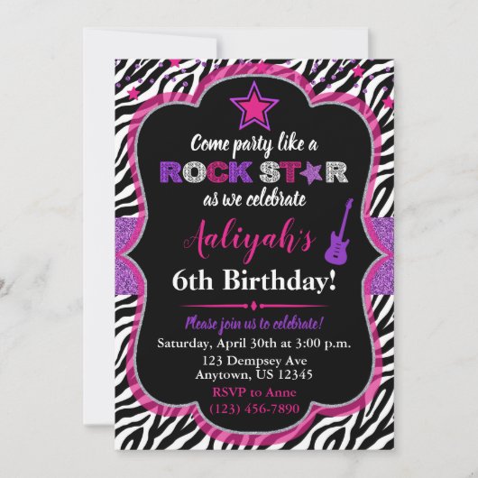 Roze en Paarse Rock Star Girl Birthday Invitation Kaart (Voorkant)