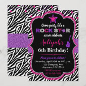 Roze en Paarse Rock Star Girl Birthday Invitation Kaart (Voorkant / Achterkant)