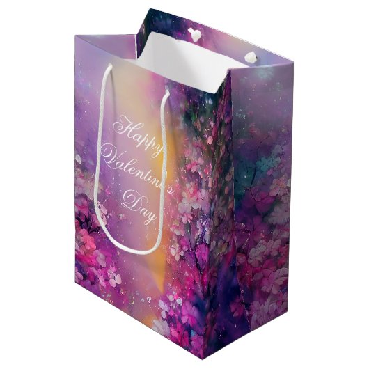Roze en paarse roze florale valentijn medium cadeauzakje (Voorkant Gekanteld)