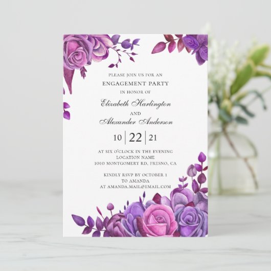Roze en paarse rozen. Bloemenverlovingsfeest Kaart (Staand voorkant)