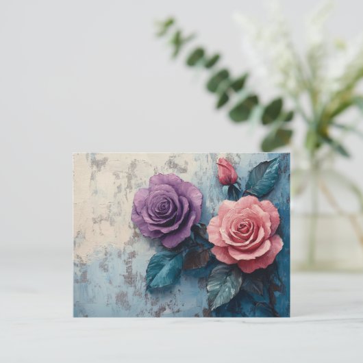 Roze en Paarse Rozen Distressed Achtergrond Briefkaart (Staand voorkant)