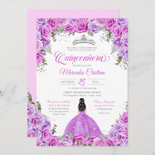 Roze en Paarse Rozen en zilver Tiara Quinceanera I Kaart (Voorkant / Achterkant)