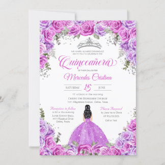 Roze en Paarse Rozen en zilver Tiara Quinceanera I Kaart