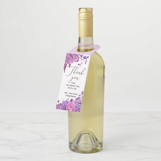 Roze en paarse rozen. Floral bruiloft bedankt Flessenhanger (Schuin)