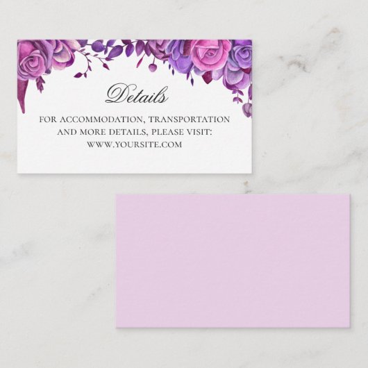 Roze en paarse rozen. Floral bruiloft details Informatiekaartje (Voorkant / Achterkant)
