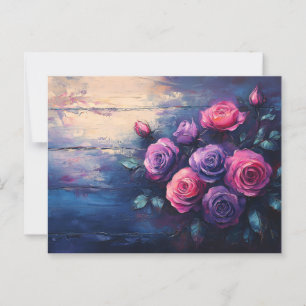 Roze en paarse rozen op hout briefkaart