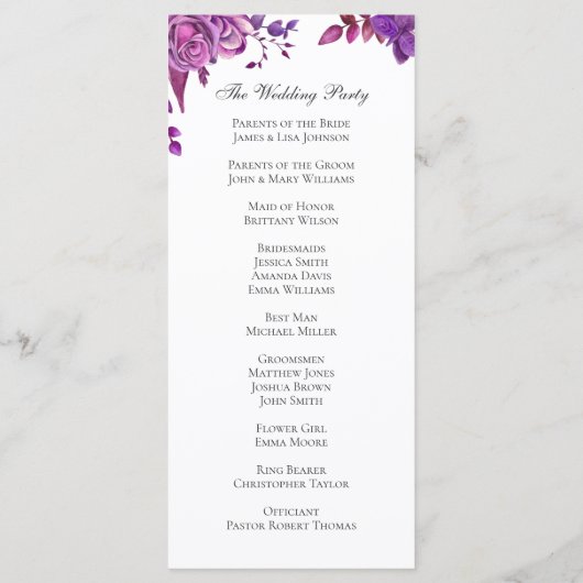 Roze en paarse rozen. Trouwen met lila bloemen Programmakaart (Achterkant)