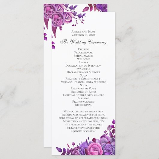 Roze en paarse rozen. Trouwen met lila bloemen Programmakaart (Voorkant / Achterkant)