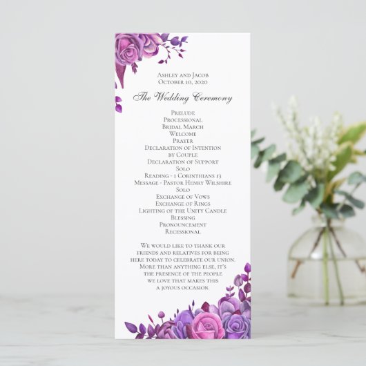 Roze en paarse rozen. Trouwen met lila bloemen Programmakaart (Staand voorkant)