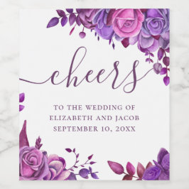 Roze en paarse rozen. Waterverf bloemenbruiloft W Wijn Etiket