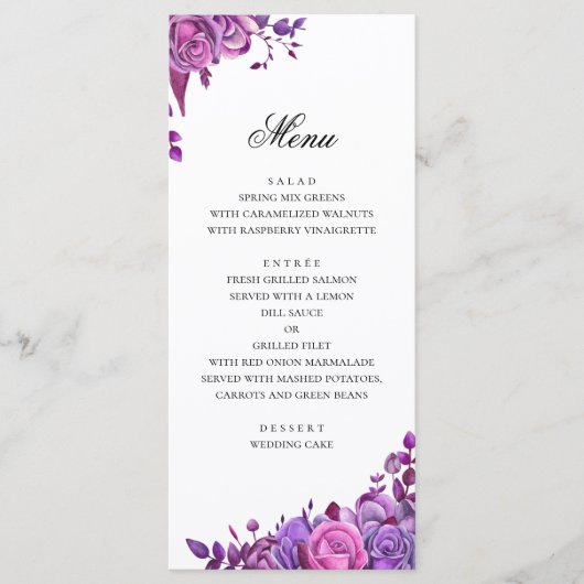 Roze en paarse rozen. Waterverf bloemenen bruiloft Menu (Voorkant)