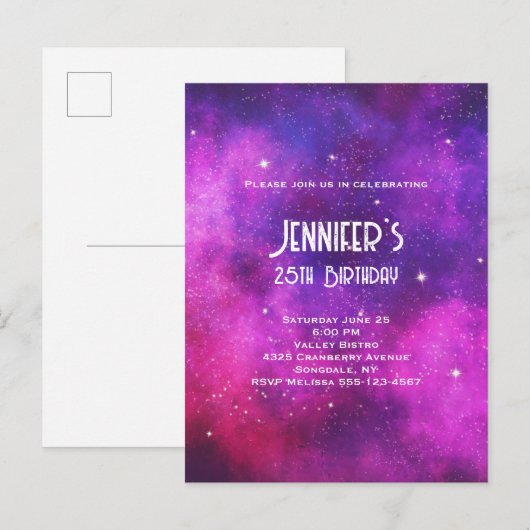 Roze en Paarse ruimte en sterren Faux Galaxy Birth Uitnodiging Briefkaart (Voorkant / Achterkant)